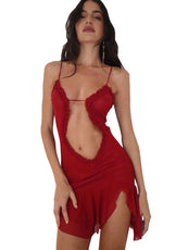 Luxury Furry Halter Dress – Split Evening Gown for Special Occasions