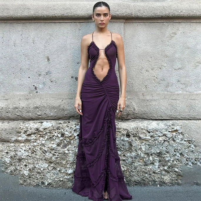 Luxury Furry Halter Dress – Split Evening Gown for Special Occasions